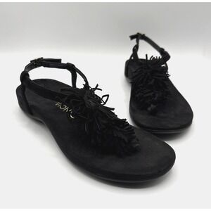 VIONIC Sosha Sandals Women's Size 7 Black Leather Fringe Boho T Strap Shoes